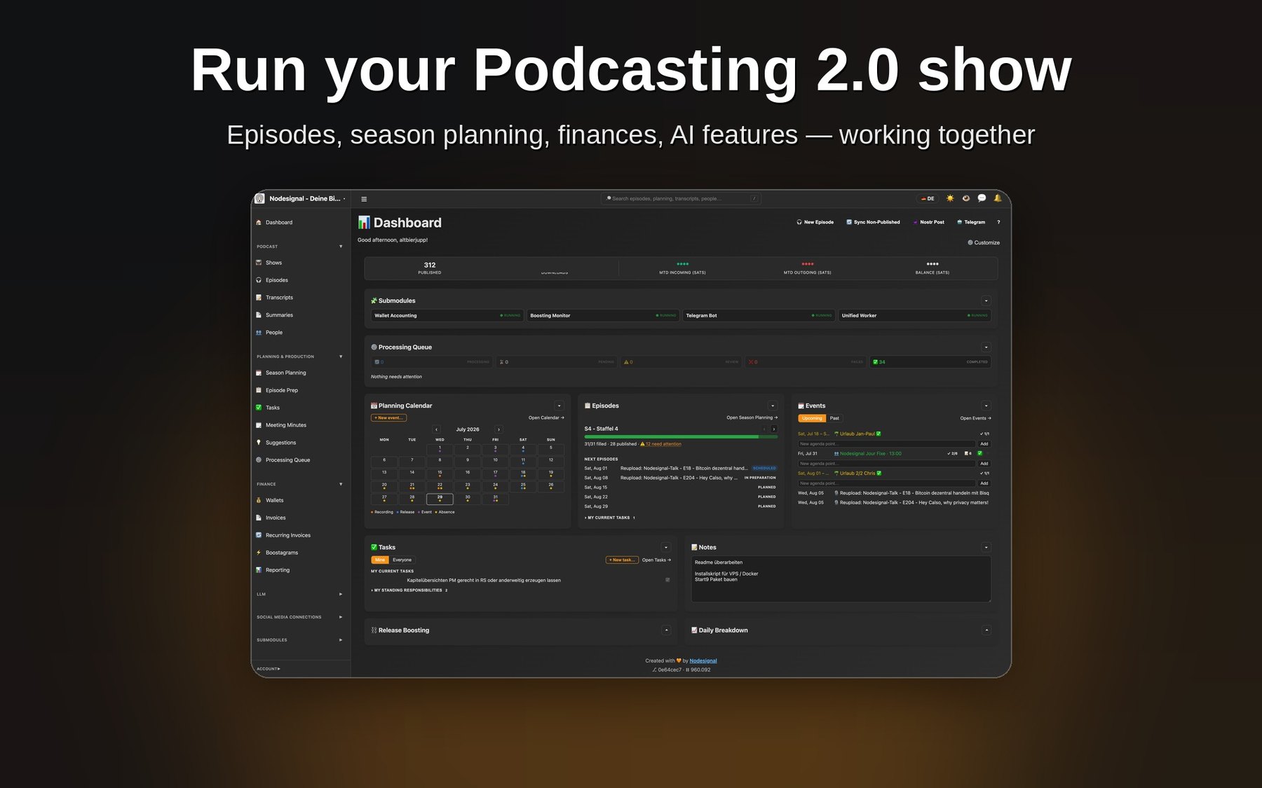 Sovereigncast-Dashboard mit Podcastplanung, Wallets und Aufgaben